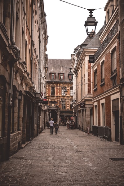 During the day, people walking on the streets of the brown between concrete building
